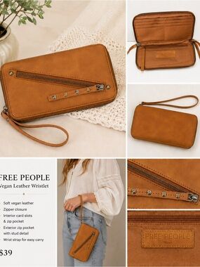 Free People Vegan Leather Zip Wallet Wristlet – Caramel Brown Coastal  Classic